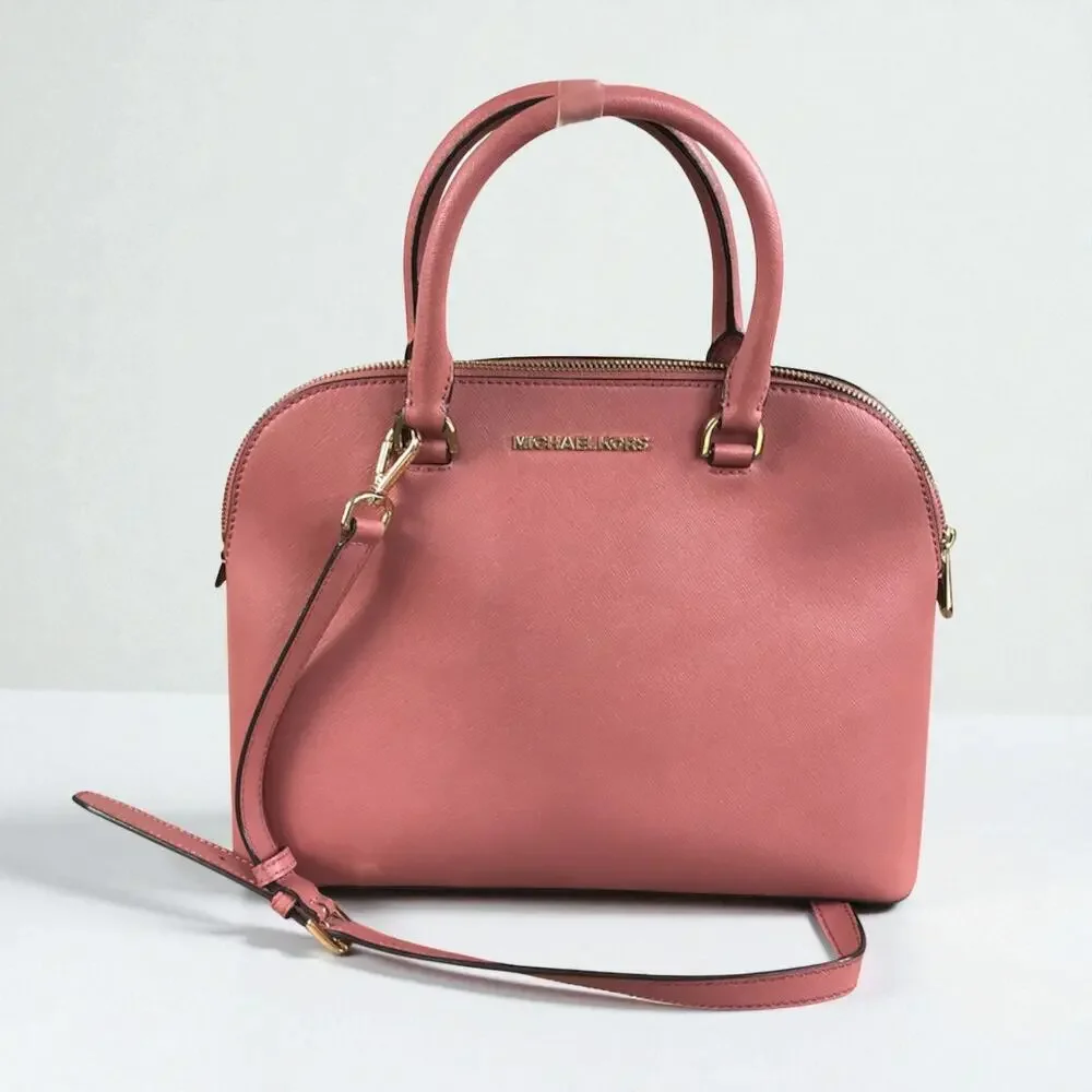 MICHAEL KORS Cindy Dome Satchel Saffiano Leather Bag Pink Classic Elegant Chic